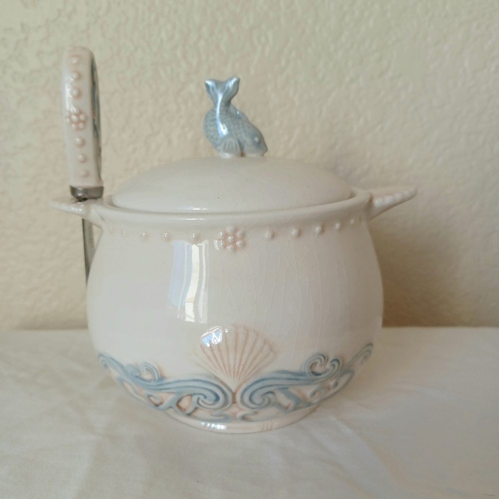 3 PIECE SET Amscan Ceramic Butter Dip Bowl, Lid, & Knife Spreader in Ocean Theme